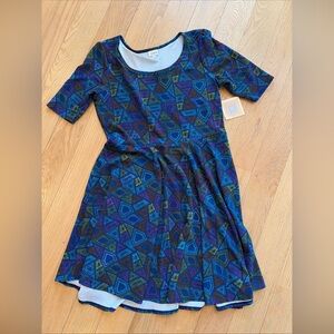 NWT LuLaRoe Nicole Dress Womens 3XL Blue Geometric Shapes Fit and Flare C30
